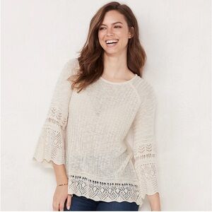 LC Lauren Conrad Pointelle Bell Sleeve Lightweight Sweater Back Keyhole Small